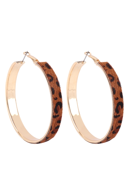 A3-2-3-27371-60STO-G - 2.375" LEOPARD PRINT HOOP EARRINGS - GOLD BROWN/6PCS