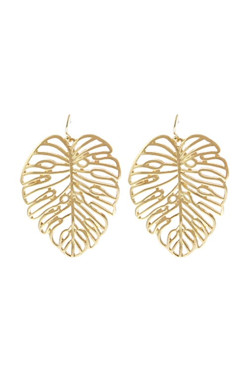 S1-7-5-27373-G - GOLD PALM LEAF CUT OUT EARRINGS/6PCS