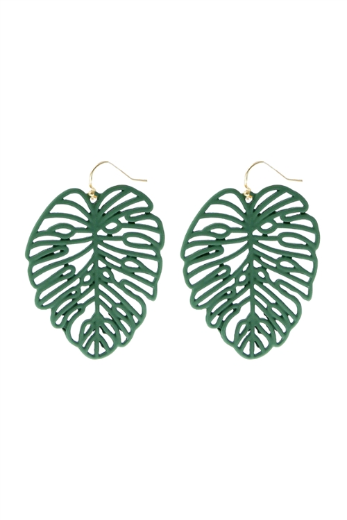 S1-7-5-27373PE-G - GREEN PALM LEAF CUT OUT EARRINGS/6PCS