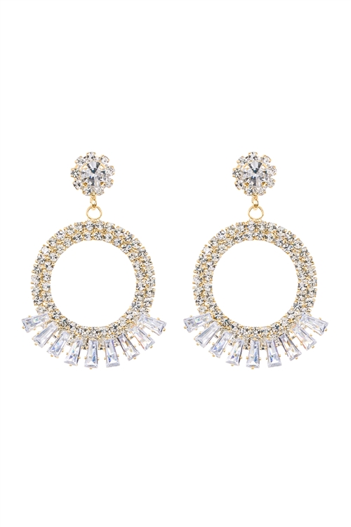 A2-3-4-27413CR-G - CUBIC ZIRCONIA DANGLE CIRCLE BAGUETTE EARRINGS - CRYSTAL GOLD/1PC