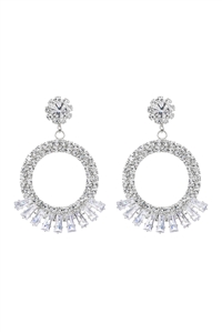 A2-3-4-27413CR-S - CUBIC ZIRCONIA DANGLE CIRCLE BAGUETTE EARRINGS - CRYSTAL SILVER/1PC