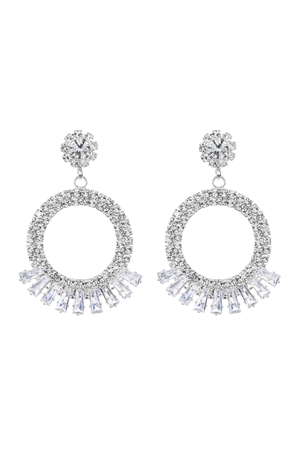 A2-3-4-27413CR-S - CUBIC ZIRCONIA DANGLE CIRCLE BAGUETTE EARRINGS - CRYSTAL SILVER/1PC