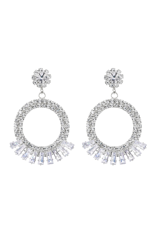 A2-3-4-27413CR-S - CUBIC ZIRCONIA DANGLE CIRCLE BAGUETTE EARRINGS - CRYSTAL SILVER/1PC