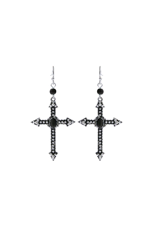 SA3-3-3-27437JT-BS - BURNISH SILVER  CROSS STONE FISH HOOK EARRINGS - BLACK/1PC