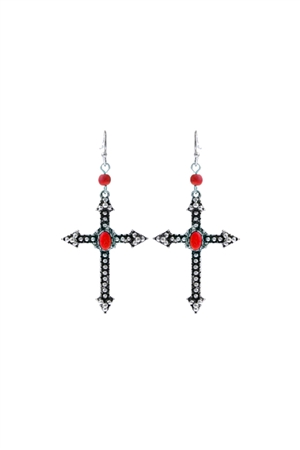SA3-3-3-27437LSI-BS - BURNISH SILVER  CROSS STONE FISH HOOK EARRINGS - RED/1PC