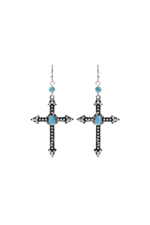 SA3-3-3-27437TQ-BS - BURNISH SILVER  CROSS STONE FISH HOOK EARRINGS - TURQUOISE/1PC