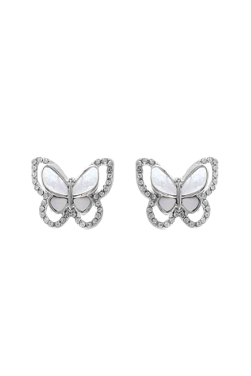 A1-3-1-27455WH-R - MOTHER PEARL BUTTERFLY POST EARRINGS - WHITE SILVER/1PC