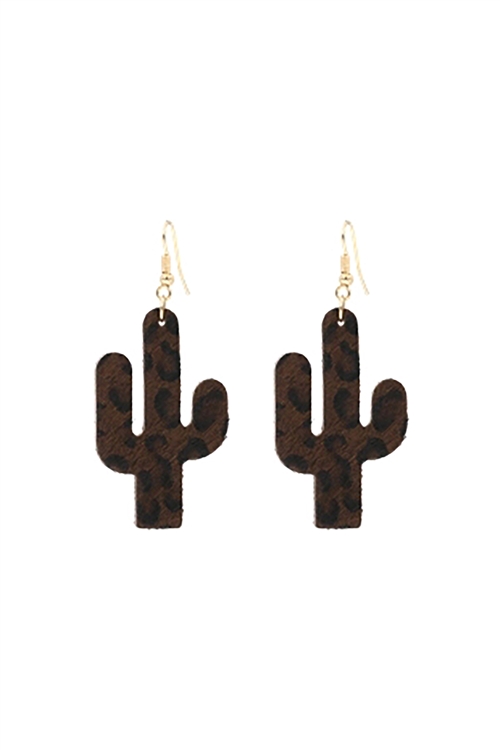 A2-1-5-27469STO-G - CACTUS ANIMAL LEATHER PRINT HOOK EARRINGS-BROWN GRAY/6PCS