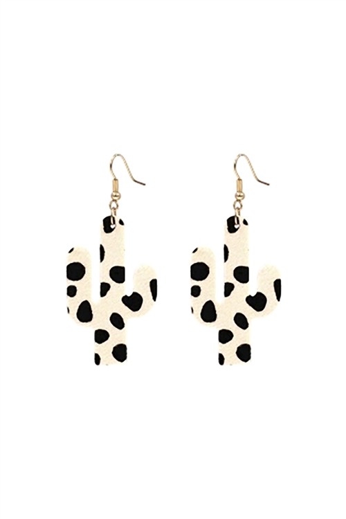 A2-1-3-27469WH-G - CACTUS ANIMAL LEATHER PRINT HOOK EARRINGS-CHEETAH WHITE/6PCS