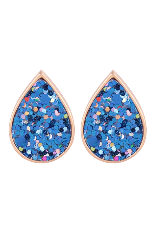 S6-5-2-27487SA-G - TEARDROP GLITTER STUD EARRINGS - SAPPHIRE GOLD/6PCS