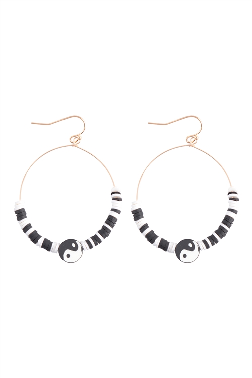 S5-5-2-27506WHM-G -  YIN YANG RUBBER DISC  HOOP FISH HOOK EARRINGS - WHITE GOLD/6PCS