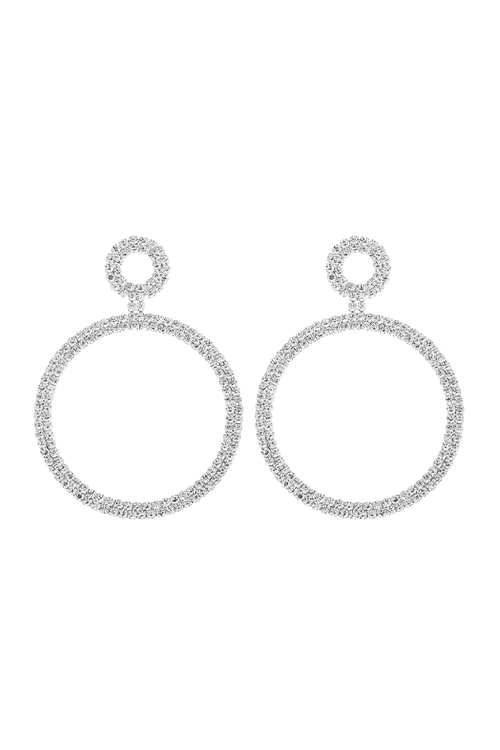 S24-6-4-27521CR-S - PAVE RHINESTONE CIRCLE DOUBLE DROP POST EARRINGS - CRYSTAL SILVER/1PC