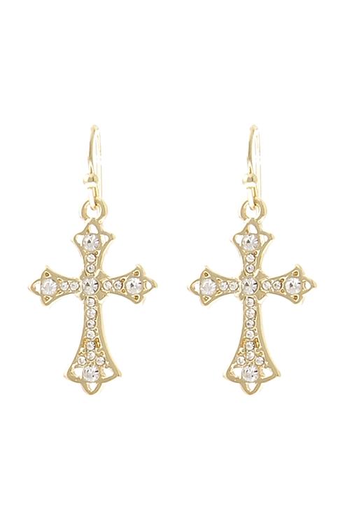 S1-2-5-27573CR-G - EAST SYRIAC CROSS DANGLE EARRINGS-CRYSTAL GOLD/6PCS