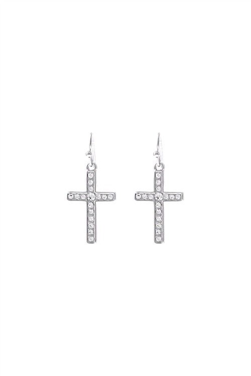 S4-6-2-27574CR-R - LATIN CROSS DANGLE HOOK EARRINGS - CRYSTAL SILVER/6PCS