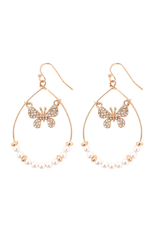 S6-4-3--27586CRWH-G - BUTTERFLY IN PEARL TEARDROP FISH HOOK EARRINGS - WHITE GOLD/6PCS