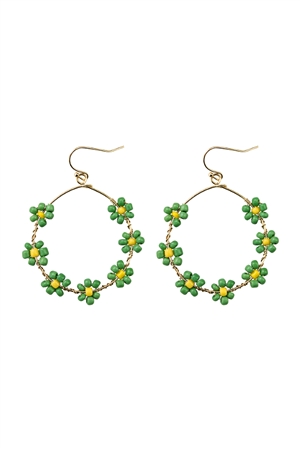 S6-5-2-27598PE-G - FLOWER BEAD LOOP FISH HOOK EARRINGS - GREEN/1PC