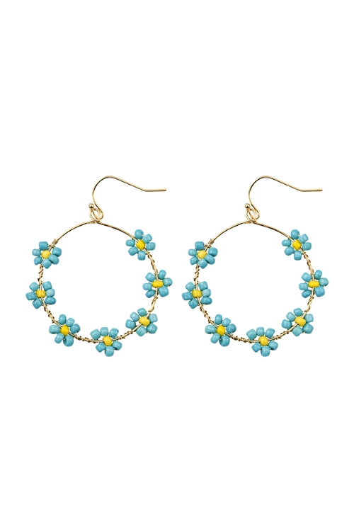 S6-5-2-27598TQ-G - FLOWER BEAD LOOP FISH HOOK EARRINGS - TURQUOISE/1PC