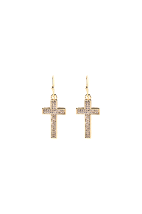 A1-3-4-27604CR-G - CUBIC ZIRCONIA PAVE CROSS HOOK EARRINGS - CRYSTAL GOLD/6PCS