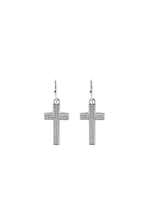 A1-3-4-27604CR-R - CUBIC ZIRCONIA PAVE CROSS HOOK EARRINGS - CRYSTAL SILVER/6PCS