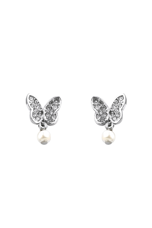 A2-5-3-27625WH-R - BUTTERFLY PEARL DANGLE EARRINGS - WHITE SILVER/1PC (NOW $1.25 ONLY!)