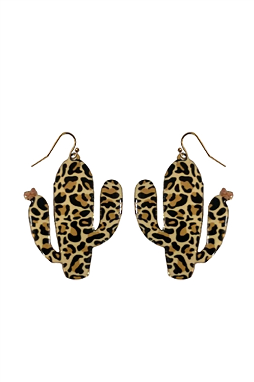 S1-6-4-27636STOM-G - CACTUS PRINT DROP FISH HOOK EARRINGS-LEOPARD/1PC