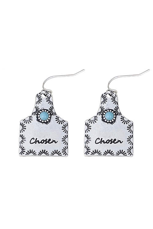 S1-7-2-27655TQ-BS -  CHOSEN COW TAG INSPIRATIONAL FISH HOOK EARRINGS-TURQUOISE BURNISH SILVER/6PCS