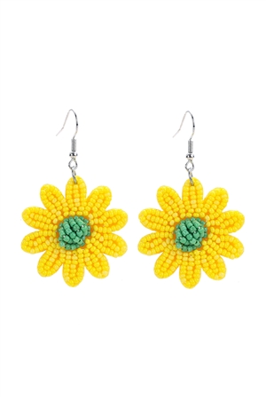 S6-5-5-27666JO-R - FLOWER SEED BEAD DANGLE FISH HOOK EARRINGS-YELLOW/1PC