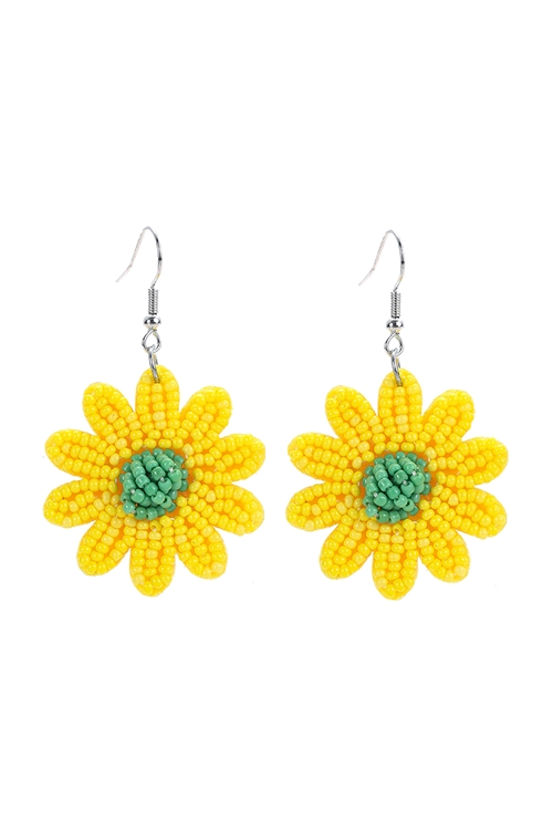 S6-5-5-27666JO-R - FLOWER SEED BEAD DANGLE FISH HOOK EARRINGS-YELLOW/1PC