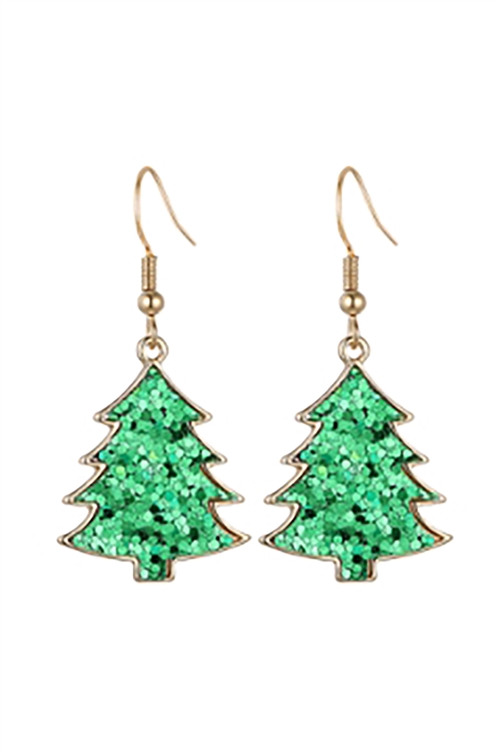 S1-7-5-27827XEM-G - GLITTER CHRISTMAS TREE DROP EARRINGS-GREEN/6PCS