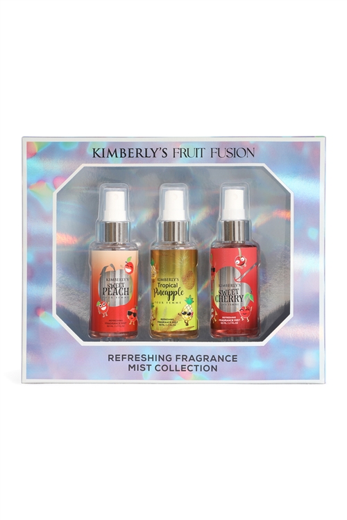 A2-6-3-2783 - H-24-KIMBERLY'S FRUIT FUSION SPRAY PERFUME FOR WOMEN 3 PIECE SET - SWEET PEACH, TROPICAL PINEAPPLE AND SWEET CHERRY/3SETS