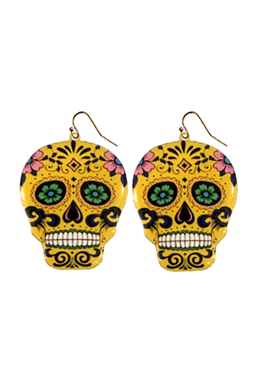 S1-6-4-27835JO-G - HALLOWEEN SUGAR SKULL DANGLE FISH HOOK EARRINGS-YELLOW/1PC