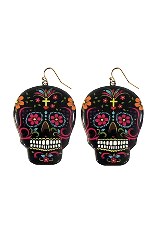 S1-6-4-27835JT-G - HALLOWEEN SUGAR SKULL DANGLE FISH HOOK EARRINGS-BLACK//1PC