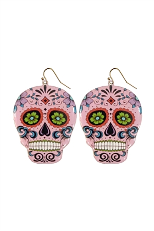 S1-6-4-27835LRO-G - HALLOWEEN SUGAR SKULL DANGLE FISH HOOK EARRINGS-LIGHT ROSE//1PC