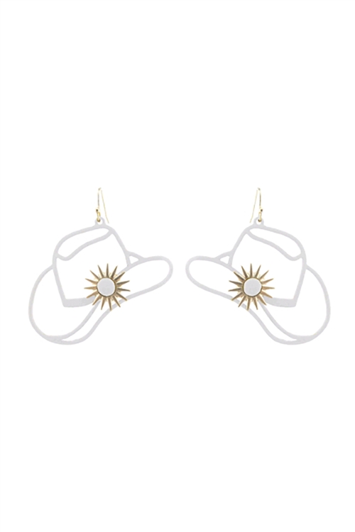 S1-7-5-27857WH-WG - WESTERN COWBOY HAT FILIGREE DROP EARRINGS-WHITE/1PC