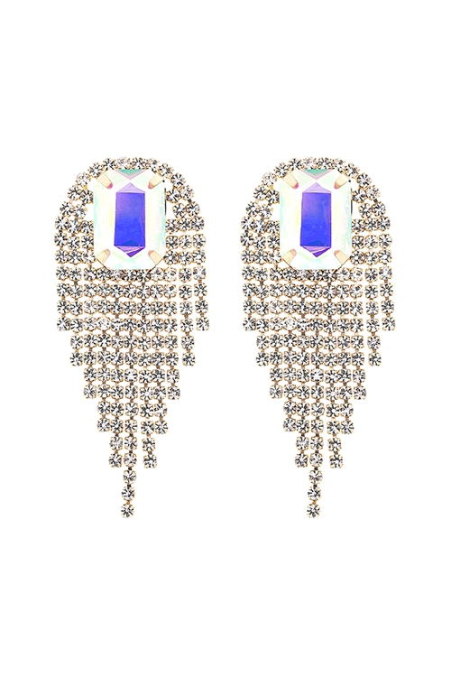 A1-1-4-27895AB-G - RHINESTONE SQUARE FRINGE TASSEL EARRINGS-AB GOLD/1PC