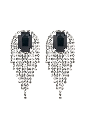 A1-1-4-27895JT-S - RHINESTONE SQUARE FRINGE TASSEL EARRINGS-BLACK SILVER/1PC