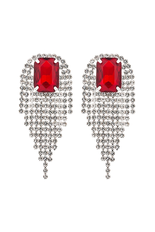 A1-1-4-27895SI-S - RHINESTONE SQUARE FRINGE TASSEL EARRINGS-RED SILVER/1PC