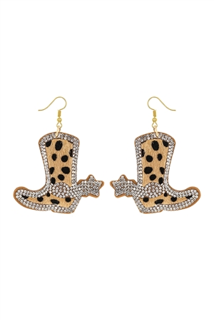 SA3-1-5-27912LCT-G - ANIMAL PRINT W/ RHINESTONE CUSHION LEATHER DROP EARRINGS-CHEETAH BROWN/1PC