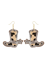 SA3-1-5-27912STO-G - ANIMAL PRINT W/ RHINESTONE CUSHION LEATHER DROP EARRINGS-LEOPARD BROWN/1PC