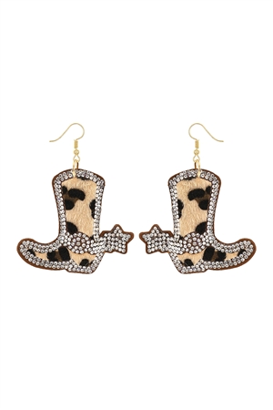 SA3-1-5-27912STO-G - ANIMAL PRINT W/ RHINESTONE CUSHION LEATHER DROP EARRINGS-LEOPARD BROWN/1PC