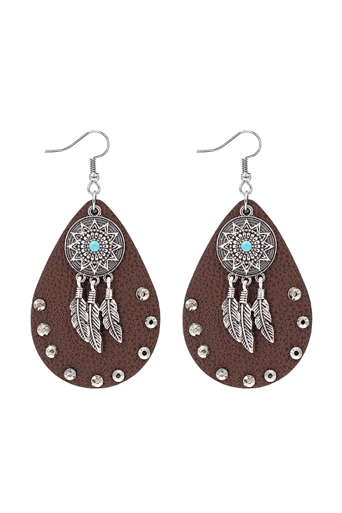 A1-1-4-27928STO-BS - DREAM CATCHER WESTERN TEARDROP EARRINGS-BURNISH SILVER/1PC