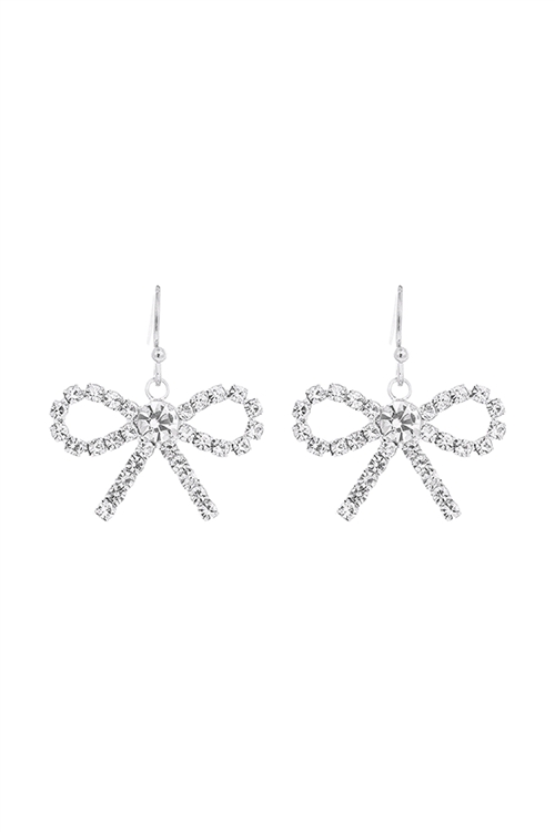 A1-1-2-27997CR-S - RHINESTONE BOW DANGLE FISH HOOK EARRINGS-CRYSTAL SILVER/1PC