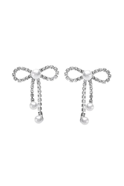 S1-2-4-28033WH-S - RHINESTONE PEARL BOW EARRINGS-WHITE SILVER/1PC