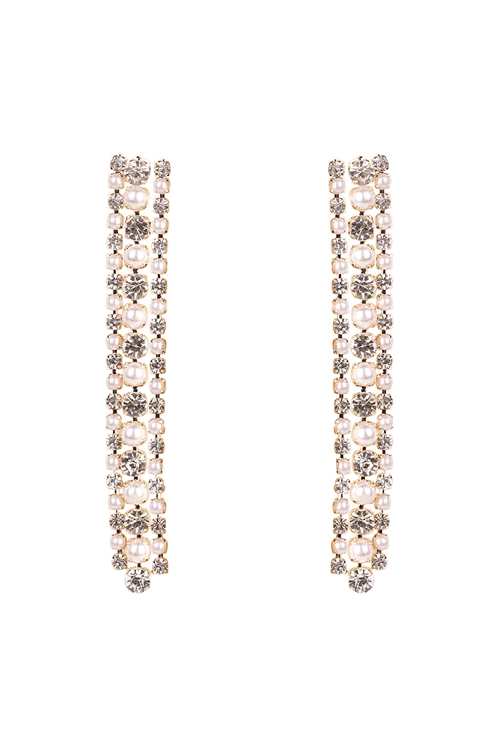 S1-2-4-28042CR-G - RHINESTONE PEARL LINE DROP  EARRINGS-CRYSTAL GOLD/1PC