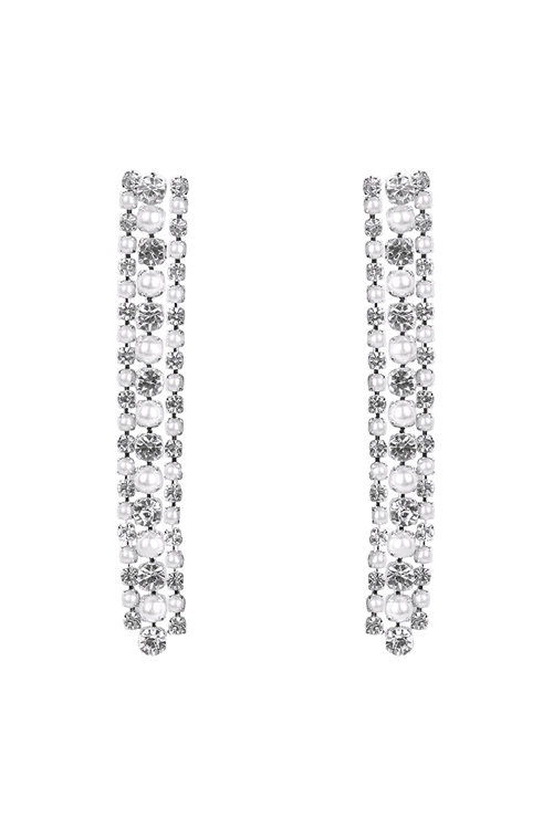 S1-2-4-28042CR-S - RHINESTONE PEARL LINE DROP  EARRINGS-CRYSTAL SILVER/1PC