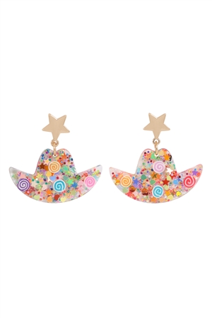 S1-4-3-28392LMU-G - COWBOY HAT RESIN GLITTER CANDY STUD EARRING-MULTICOLOR/1PC