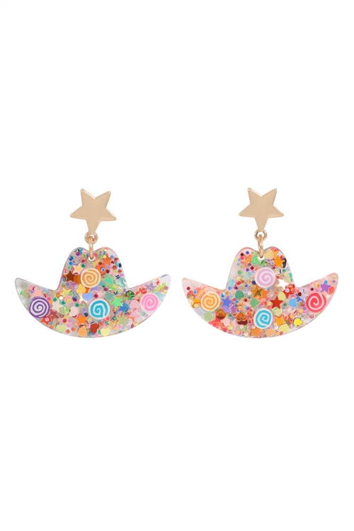 S1-4-3-28392LMU-G - COWBOY HAT RESIN GLITTER CANDY STUD EARRING-MULTICOLOR/1PC