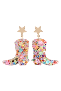 S1-4-3-28393LMU-G - COWBOY BOOT RESIN GLITTER CANDY STUD EARRING-LIGHT MULTICOLOR/1PC