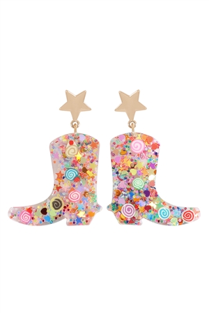 S1-4-3-28393LMU-G - COWBOY BOOT RESIN GLITTER CANDY STUD EARRING-LIGHT MULTICOLOR/1PC