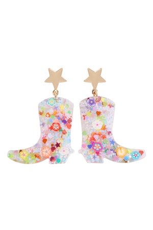 S1-3-4-28393WHM-G - COWBOY BOOT RESIN GLITTER CANDY STUD EARRING-WHITE MULTICOLOR/1PC